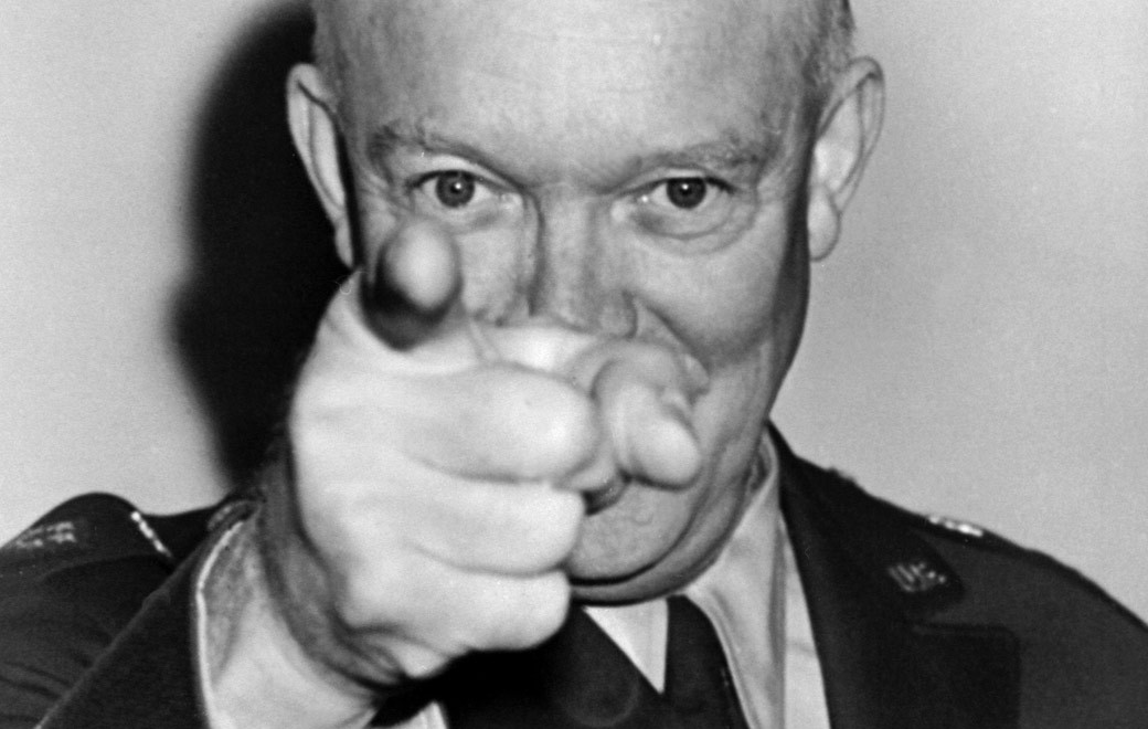 President Eisenhower pointing and staring directly at the camera, black & white
