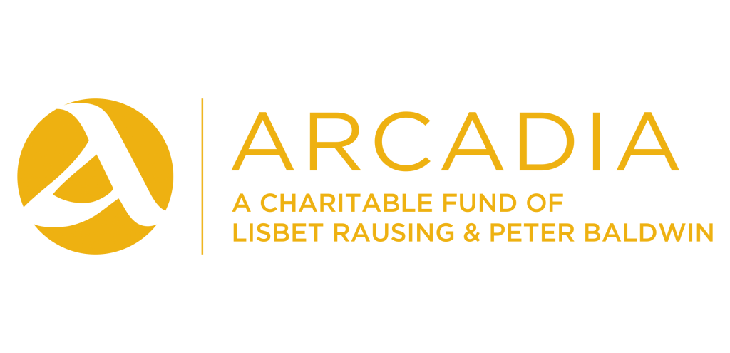 The Arcadia Foundation, a charitable fund of lisbet rausing & peter baldwin, yellow text on transparent background