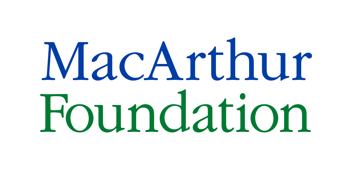 The MacArthur Foundation, blue and green text on transparent background