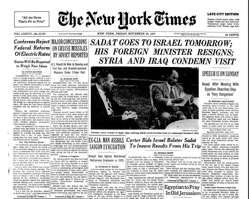 Front page of the New York Times detailing Anwar Sadat's decision to go to Israel