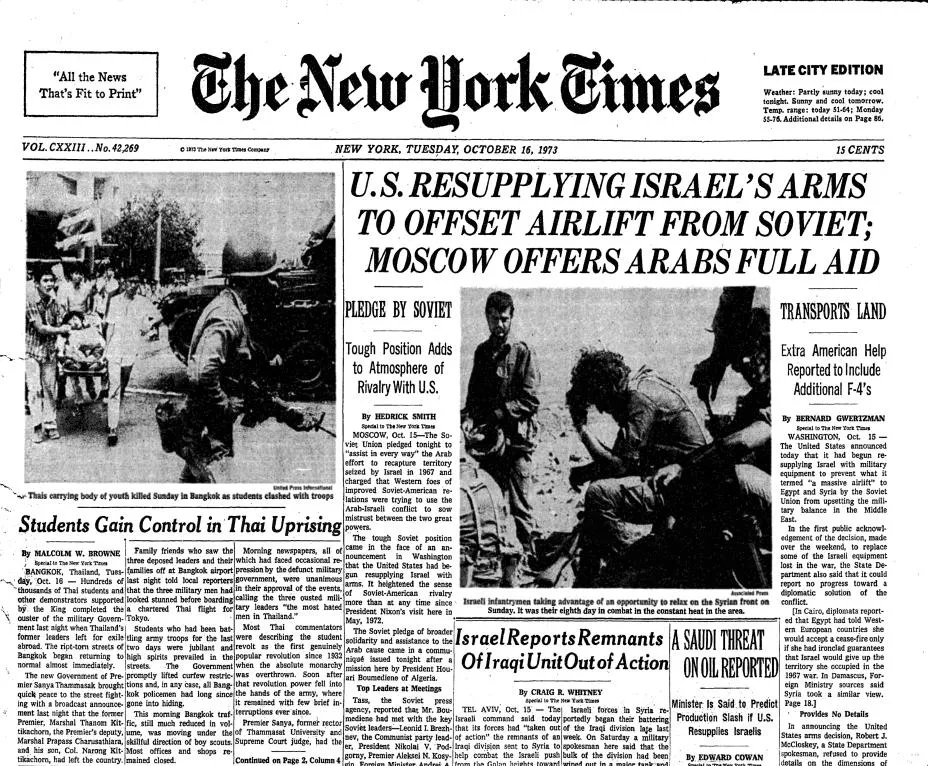 The New York Times front page — "U.S. resupplying Israel's arms to offset airlift from Soviet; Moscow offers Arabs full aid" 