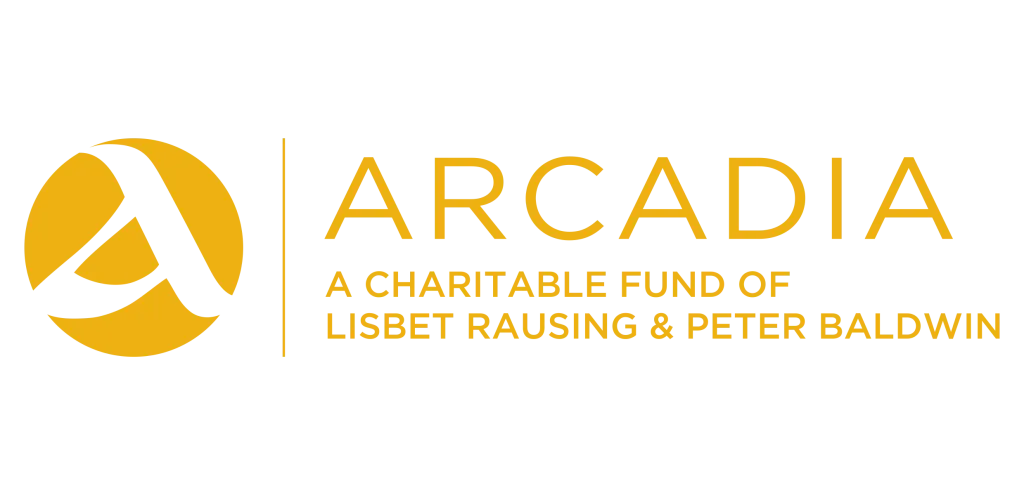 The Arcadia Foundation, a charitable fund of lisbet rausing & peter baldwin, yellow text on transparent background