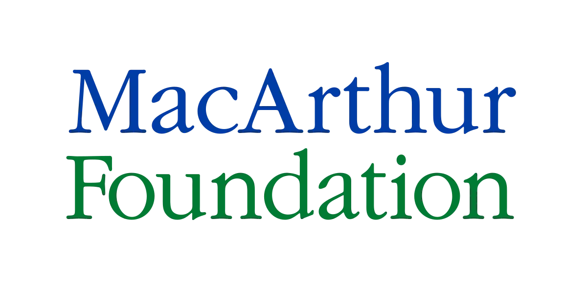 The MacArthur Foundation, blue and green text on transparent background